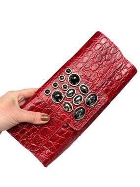Leatherock Red Croc Embossed Clutch Wallet Studded Rhinestone Party Handbag
